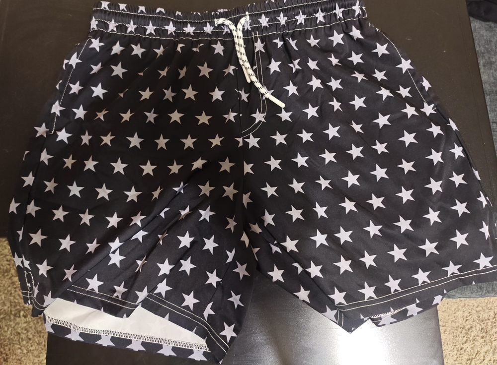 Size Large Men's Black Star-Print Swim Trunks With American Flag Liner